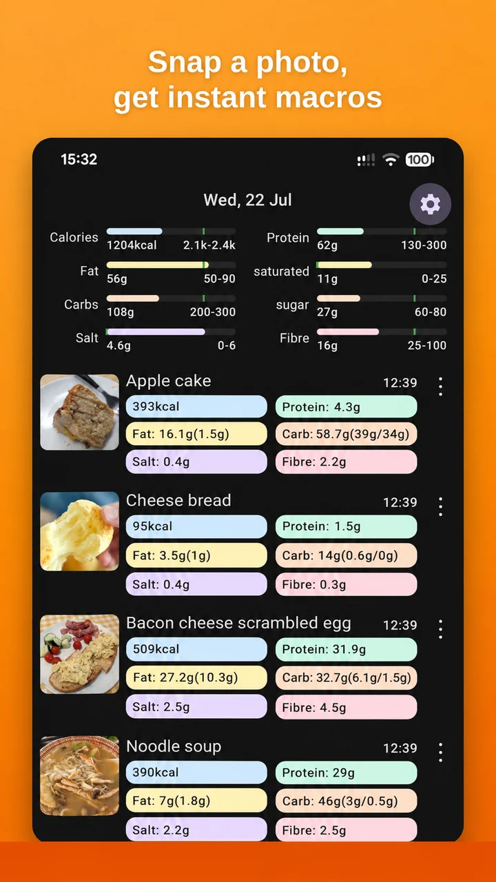 Daily diary showing calories and macros against targets, with each meal listed with its nutrition