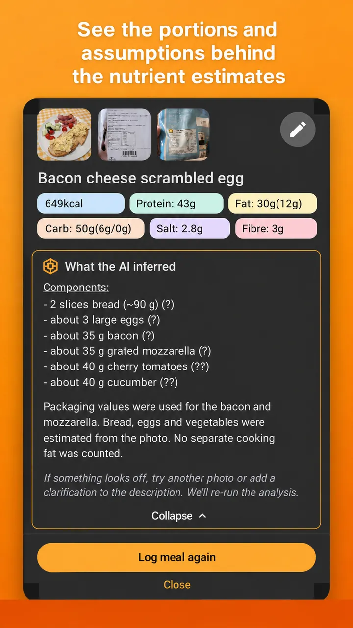 Meal details showing what the AI inferred: the components it detected with estimated portions, and the assumptions behind the nutrient estimates
